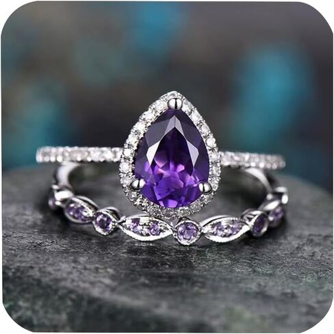 2 Pcs Gorgeous Purple Cubic Zirconia Bridal Prom Engagement Pear Shaped Teardrop Ring Set Marquise Matching Band Amethyst Birthstone Ring Eternity Engagement Wedding Band Ring for Women HM288 (7) in Saudi Arabia