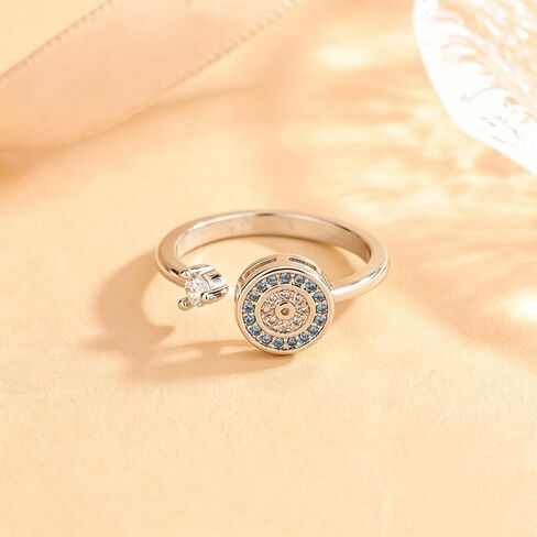 1Pc Evil Eye Spinner Open Ring, Blue & Clear CZ Rotatable Anxiety Relief Adjustable Ring for Women in Kuwait