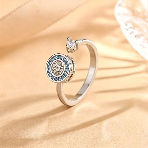 1Pc Evil Eye Spinner Open Ring, Blue & Clear CZ Rotatable Anxiety Relief Adjustable Ring for Women in Kuwait