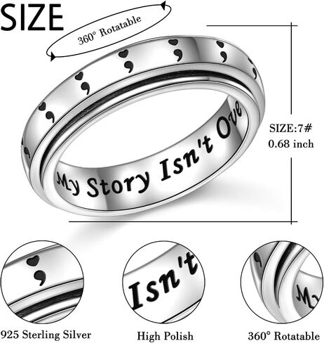 DAOCHONG Semicolon Love Heart Anxiety Relieve Spinner Rings My Story Isn't Over Yet Semicolon Fidget Ring Sterling Silver ADHD Stress Relieving Ring for Women Men in Kuwait
