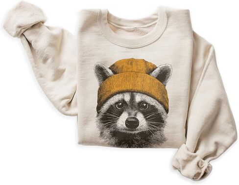 Vintage Raccoon Wearing Yellow Beanie Sweatshirt, Funny Wildlife Pullover | Animals Wearing Beanies, Funny Raccoon Gift, Cute Woodland Animal Graphic, Cozy Wildlife Crewneck, Unisex Women Men in Kuwait