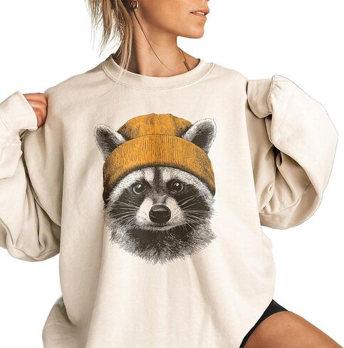 Vintage Raccoon Wearing Yellow Beanie Sweatshirt, Funny Wildlife Pullover | Animals Wearing Beanies, Funny Raccoon Gift, Cute Woodland Animal Graphic, Cozy Wildlife Crewneck, Unisex Women Men in Kuwait