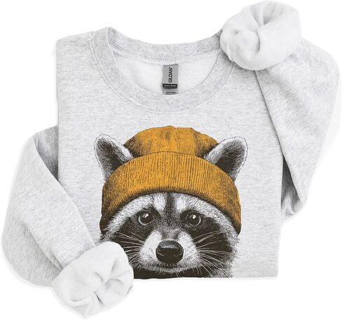 Vintage Raccoon Wearing Yellow Beanie Sweatshirt, Funny Wildlife Pullover | Animals Wearing Beanies, Funny Raccoon Gift, Cute Woodland Animal Graphic, Cozy Wildlife Crewneck, Unisex Women Men in Kuwait