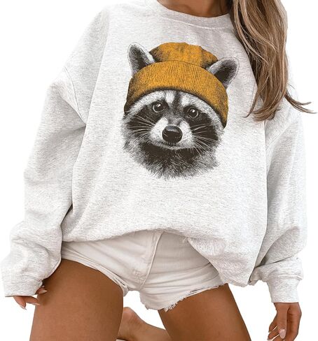 Vintage Raccoon Wearing Yellow Beanie Sweatshirt, Funny Wildlife Pullover | Animals Wearing Beanies, Funny Raccoon Gift, Cute Woodland Animal Graphic, Cozy Wildlife Crewneck, Unisex Women Men in Kuwait