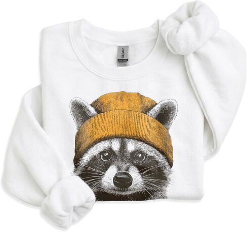 Vintage Raccoon Wearing Yellow Beanie Sweatshirt, Funny Wildlife Pullover | Animals Wearing Beanies, Funny Raccoon Gift, Cute Woodland Animal Graphic, Cozy Wildlife Crewneck, Unisex Women Men in Kuwait