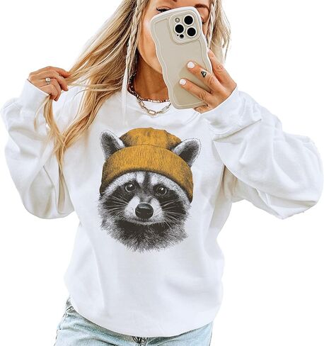 Vintage Raccoon Wearing Yellow Beanie Sweatshirt, Funny Wildlife Pullover | Animals Wearing Beanies, Funny Raccoon Gift, Cute Woodland Animal Graphic, Cozy Wildlife Crewneck, Unisex Women Men in Kuwait