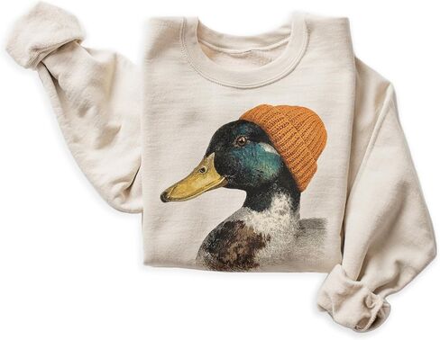 Vintage Mallard Wearing Orange Beanie Sweatshirt, Funny Duck Pullover | Animals Wearing Beanies, Duck Hunting Gift, Funny Waterfowl Graphic, Cozy Wildlife Crewneck, Unisex Women Men in Kuwait