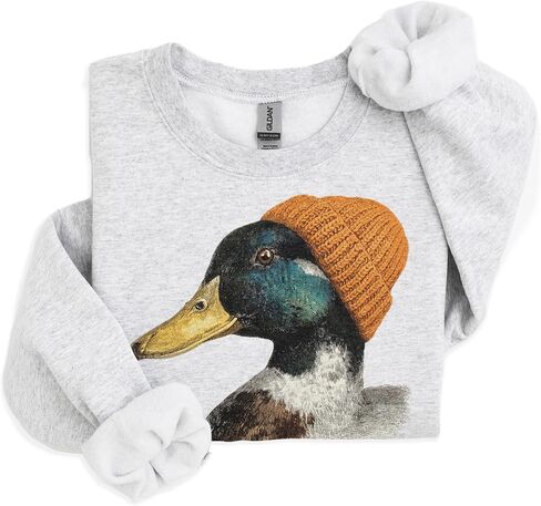 Vintage Mallard Wearing Orange Beanie Sweatshirt, Funny Duck Pullover | Animals Wearing Beanies, Duck Hunting Gift, Funny Waterfowl Graphic, Cozy Wildlife Crewneck, Unisex Women Men in Kuwait