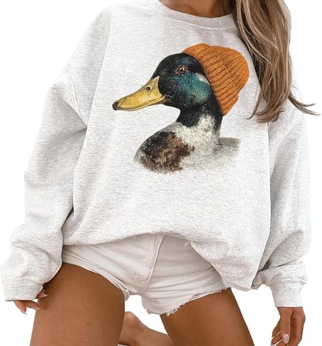 Vintage Mallard Wearing Orange Beanie Sweatshirt, Funny Duck Pullover | Animals Wearing Beanies, Duck Hunting Gift, Funny Waterfowl Graphic, Cozy Wildlife Crewneck, Unisex Women Men in Kuwait