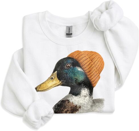 Vintage Mallard Wearing Orange Beanie Sweatshirt, Funny Duck Pullover | Animals Wearing Beanies, Duck Hunting Gift, Funny Waterfowl Graphic, Cozy Wildlife Crewneck, Unisex Women Men in Kuwait