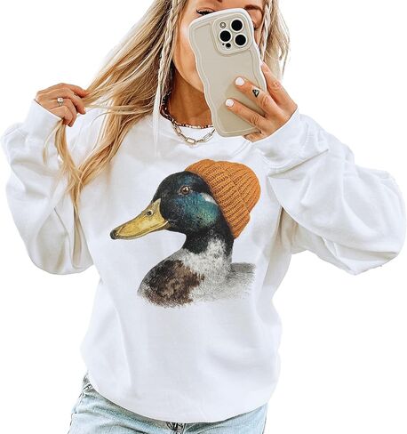 Vintage Mallard Wearing Orange Beanie Sweatshirt, Funny Duck Pullover | Animals Wearing Beanies, Duck Hunting Gift, Funny Waterfowl Graphic, Cozy Wildlife Crewneck, Unisex Women Men in Kuwait