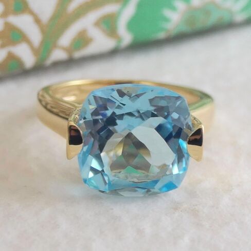 Statement Blue Topaz Cushion Cut Ring 12x12mm – 925 Solid Sterling Silver with 3 Micron Gold Plating – Natural Gemstone, Scandinavian Handmade Fine Jewelry for Women in Saudi Arabia