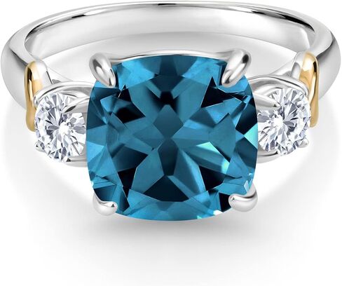 خاتم Gem Stone King 5.66 Cttw London Blue Topaz وMoissanite 3 أحجار للنساء | فضة عيار 925 وذهب أصفر عيار 10 قيراط | جوهرة الميلاد الأحجار الكريمة | وسادة 10 ملم | جولة 4 مم in Kuwait