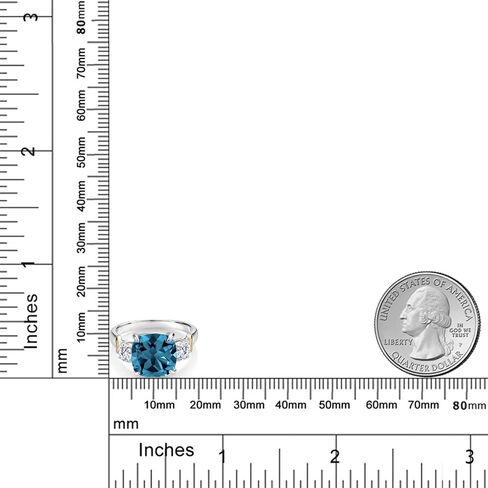 خاتم Gem Stone King 5.66 Cttw London Blue Topaz وMoissanite 3 أحجار للنساء | فضة عيار 925 وذهب أصفر عيار 10 قيراط | جوهرة الميلاد الأحجار الكريمة | وسادة 10 ملم | جولة 4 مم in Kuwait