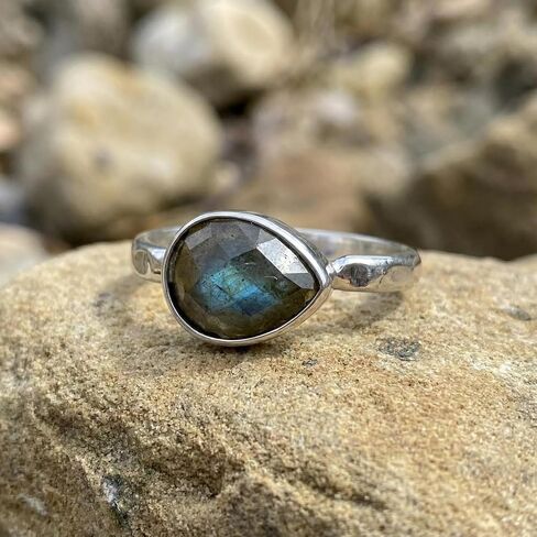 Labradorite Ring, Genuine Teardrop Gemstone Statement Rings for Women, Silver Plated Solitaire Birthstone Ring Jewelry in Saudi Arabia