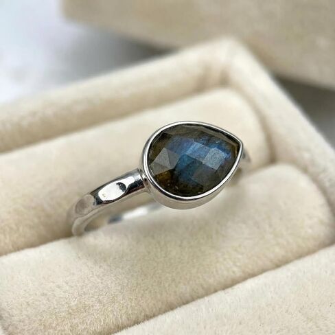 Labradorite Ring, Genuine Teardrop Gemstone Statement Rings for Women, Silver Plated Solitaire Birthstone Ring Jewelry in Saudi Arabia