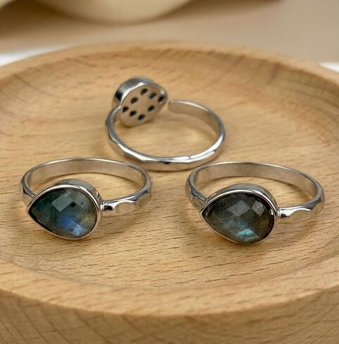 Labradorite Ring, Genuine Teardrop Gemstone Statement Rings for Women, Silver Plated Solitaire Birthstone Ring Jewelry in Saudi Arabia