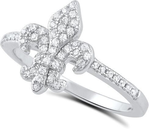Rhodium Plated Sterling Silver Womens Cz Cubic Zirconia Fleur De Lis Loyalty Ring (Size 4-9) in Saudi Arabia