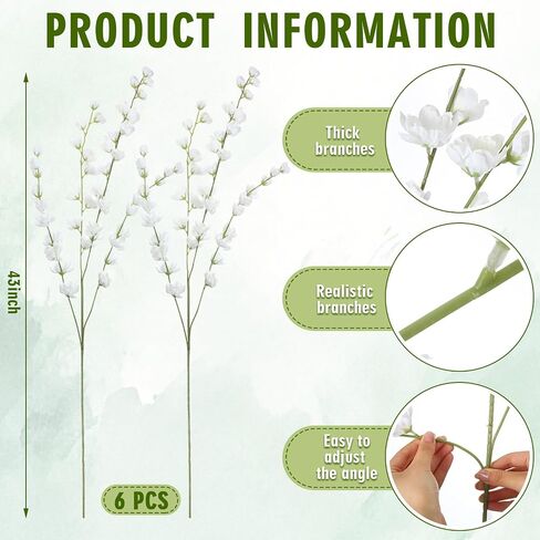6 Pcs Artificial Blossom Long Stems, 43" Faux Silk Flower Branches for Tall Vase, Fake Cherry Blossom Branches for Home Wedding Table Centerpiece DIY Floral Bouquet Arrangement Decor(White) in Kuwait