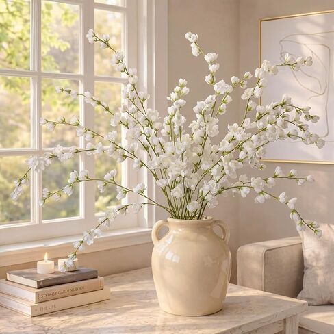 6 Pcs Artificial Blossom Long Stems, 43" Faux Silk Flower Branches for Tall Vase, Fake Cherry Blossom Branches for Home Wedding Table Centerpiece DIY Floral Bouquet Arrangement Decor(White) in Kuwait