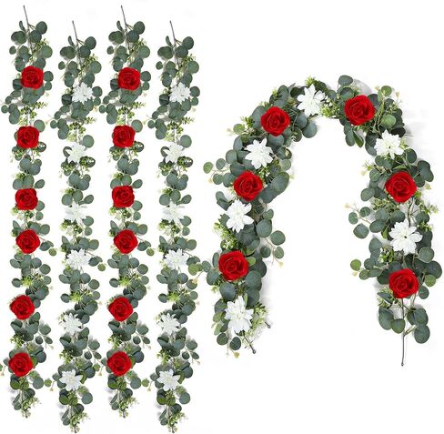 4 Pack Wedding Garland Set, Red Rose & White Dahlia Hanging Flower Vines for Wedding Arch, Backdrop, Mantel, Home Decor (5.91ft) in Saudi Arabia