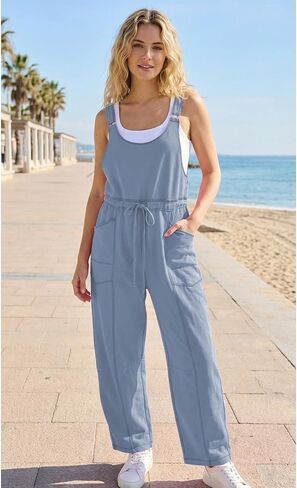 Hixiaohe Womens Casual Overalls Wide Leg Barrel Pants Rompers Drawstring Adjustable Strap Sleeveless Jumpsuit with Pockets in Saudi Arabia