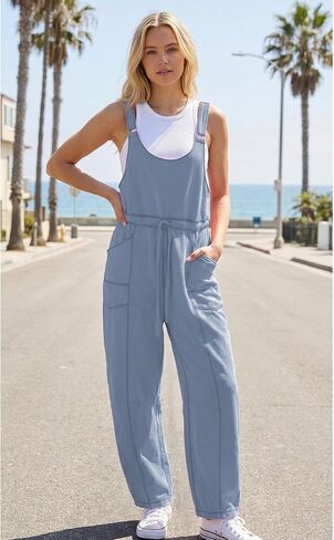 Hixiaohe Womens Casual Overalls Wide Leg Barrel Pants Rompers Drawstring Adjustable Strap Sleeveless Jumpsuit with Pockets in Saudi Arabia