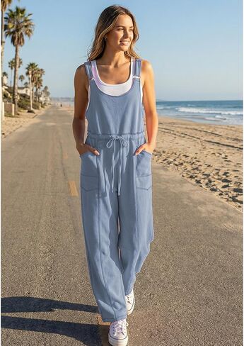 Hixiaohe Womens Casual Overalls Wide Leg Barrel Pants Rompers Drawstring Adjustable Strap Sleeveless Jumpsuit with Pockets in Saudi Arabia