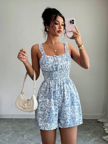 رومبر نسائي بحزام منسوج مطبوع بالكامل، ملابس ضيقة مكشكشة بخصر مكشكش، نمط كاجوال للسفر على الشاطئ لربيع وصيف in Kuwait