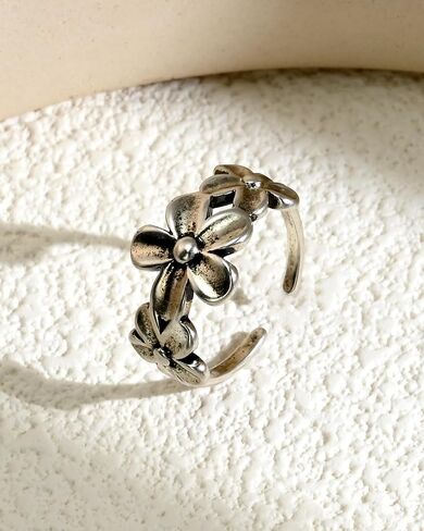 Vintage 925 Silver Flower Open Band Ring Boho Statement Adjustable Rings for Women in Saudi Arabia