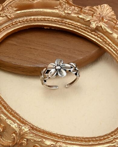 Vintage 925 Silver Flower Open Band Ring Boho Statement Adjustable Rings for Women in Saudi Arabia