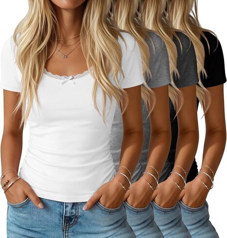Huukeay 4 Pack تي شيرتات نسائية قصيرة الأكمام دانتيل رقبة سكوب عادية سليم صالح بلايز جانبية Ruched الملابس Multipack in Kuwait
