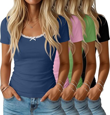 Huukeay 4 Pack تي شيرتات نسائية قصيرة الأكمام دانتيل رقبة سكوب عادية سليم صالح بلايز جانبية Ruched الملابس Multipack in Kuwait
