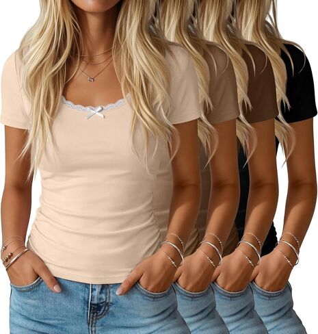 Huukeay 4 Pack تي شيرتات نسائية قصيرة الأكمام دانتيل رقبة سكوب عادية سليم صالح بلايز جانبية Ruched الملابس Multipack in Kuwait