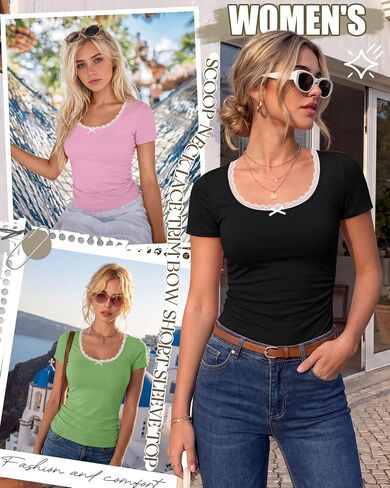Huukeay 4 Pack تي شيرتات نسائية قصيرة الأكمام دانتيل رقبة سكوب عادية سليم صالح بلايز جانبية Ruched الملابس Multipack in Kuwait