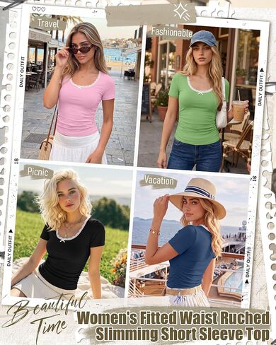 Huukeay 4 Pack تي شيرتات نسائية قصيرة الأكمام دانتيل رقبة سكوب عادية سليم صالح بلايز جانبية Ruched الملابس Multipack in Kuwait