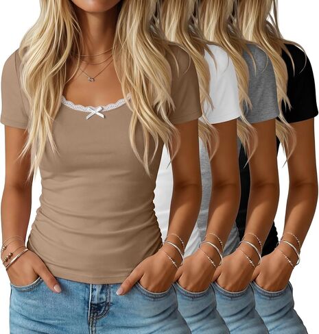 Huukeay 4 Pack تي شيرتات نسائية قصيرة الأكمام دانتيل رقبة سكوب عادية سليم صالح بلايز جانبية Ruched الملابس Multipack in Kuwait