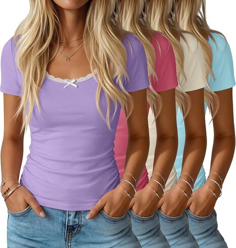 Huukeay 4 Pack تي شيرتات نسائية قصيرة الأكمام دانتيل رقبة سكوب عادية سليم صالح بلايز جانبية Ruched الملابس Multipack in Kuwait