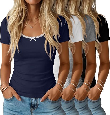 Huukeay 4 Pack تي شيرتات نسائية قصيرة الأكمام دانتيل رقبة سكوب عادية سليم صالح بلايز جانبية Ruched الملابس Multipack in Kuwait