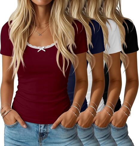 Huukeay 4 Pack تي شيرتات نسائية قصيرة الأكمام دانتيل رقبة سكوب عادية سليم صالح بلايز جانبية Ruched الملابس Multipack in Kuwait
