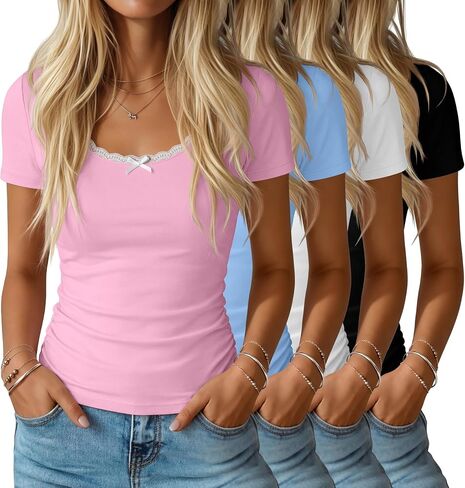 Huukeay 4 Pack تي شيرتات نسائية قصيرة الأكمام دانتيل رقبة سكوب عادية سليم صالح بلايز جانبية Ruched الملابس Multipack in Kuwait