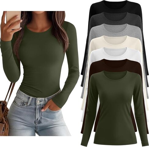 7 Pcs Women's Long Sleeve Tops Crew Neck Slim Fit Shirts Basic Going Out Tight Tees in Saudi Arabia