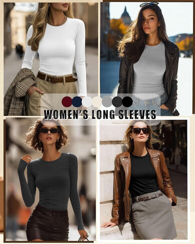 7 Pcs Women's Long Sleeve Tops Crew Neck Slim Fit Shirts Basic Going Out Tight Tees in Saudi Arabia