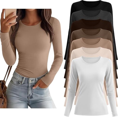 7 Pcs Women's Long Sleeve Tops Crew Neck Slim Fit Shirts Basic Going Out Tight Tees in Saudi Arabia