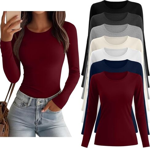 7 Pcs Women's Long Sleeve Tops Crew Neck Slim Fit Shirts Basic Going Out Tight Tees in Saudi Arabia