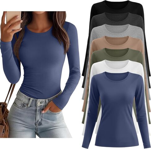 7 Pcs Women's Long Sleeve Tops Crew Neck Slim Fit Shirts Basic Going Out Tight Tees in Saudi Arabia