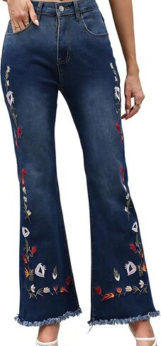 Grosy Boho Floral Embroidered Mom Jeans for Women Plus Size High Waisted Bell Bottom Bohemian Denim Pants Flare Jeans in Saudi Arabia