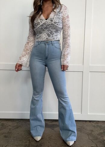 Willow Boutique Fiona High Waisted Bell Bottom Flare Jeans - Light Wash in Saudi Arabia