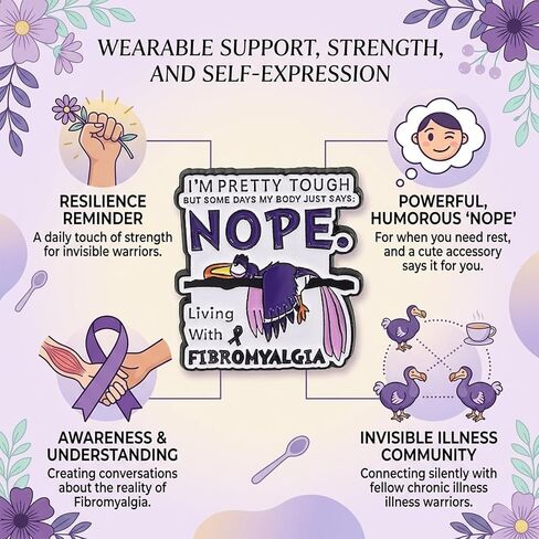 Fibromyalgia Nope Bird Enamel Pin, Funny Chronic Pain Lapel Brooch | 1 Metal enamel fibromyalgia bird pin for jackets, backpacks and totes; a funny, supportive chronic pain gift. in Saudi Arabia