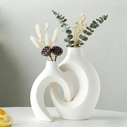 Modern Resin Vases Set - Waterproof Donut Centerpieces for Farmhouse/Boho Decor, Dual Use as Flower Holder & Shelf Decor (Matte White) in Saudi Arabia